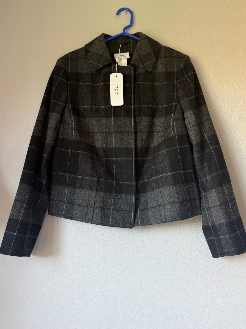 Akris Gray Plaid Wool-Blend Collarless Blazer Nwt
